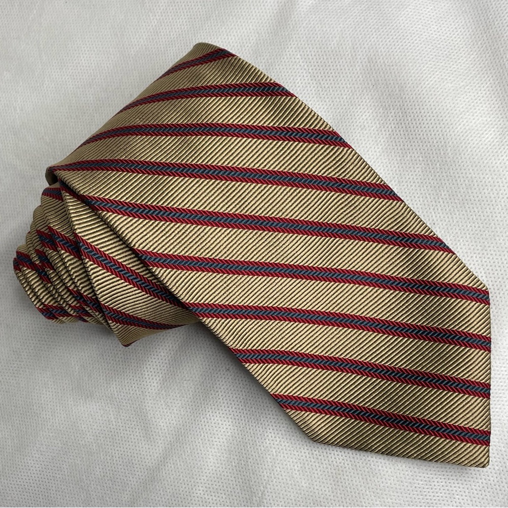 Brooks Brothers Pure Repp Silk Tie Gold Burgundy Collegiate Stripe Prep Necktie